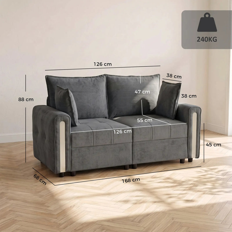 Size guide on a wooden floor: 168 cm wide, 88 cm high, 126 cm by 55 cm seat, 45 cm seat height, 240 kg capacity