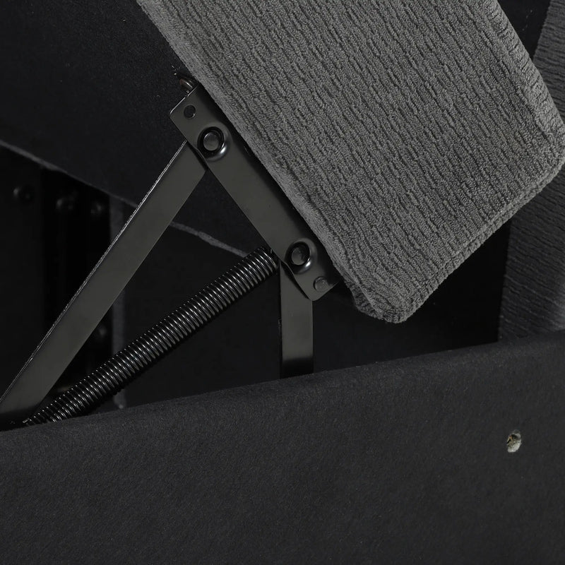 Underside of a lifted seat showing the metal spring hinge