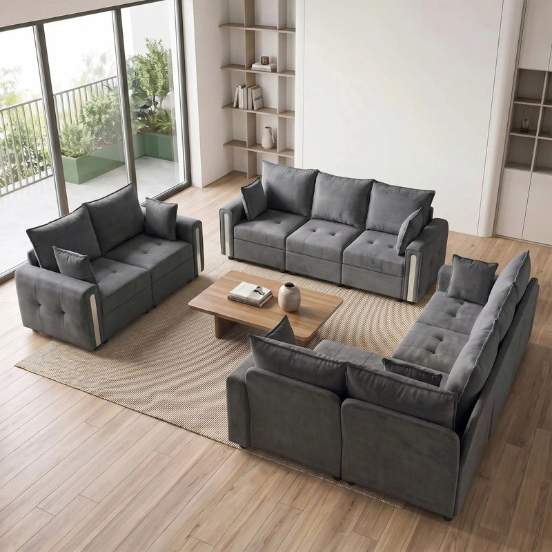 Open-plan living room with the matching 2 seater, 3 seater and corner sofa around a coffee table