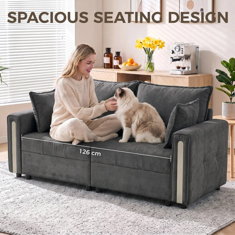 Spacious seating graphic with a woman and a fluffy cat on the 126 cm wide seat