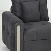 Detail of the padded armrest with its contrast trim strip and tufted seat