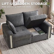 Lift-up hidden storage graphic with one seat raised to show books stored underneath