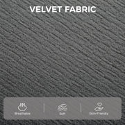 Velvet fabric close-up with breathable, soft and skin-friendly icons