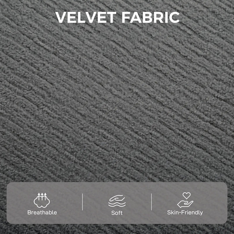 Velvet fabric close-up with breathable, soft and skin-friendly icons