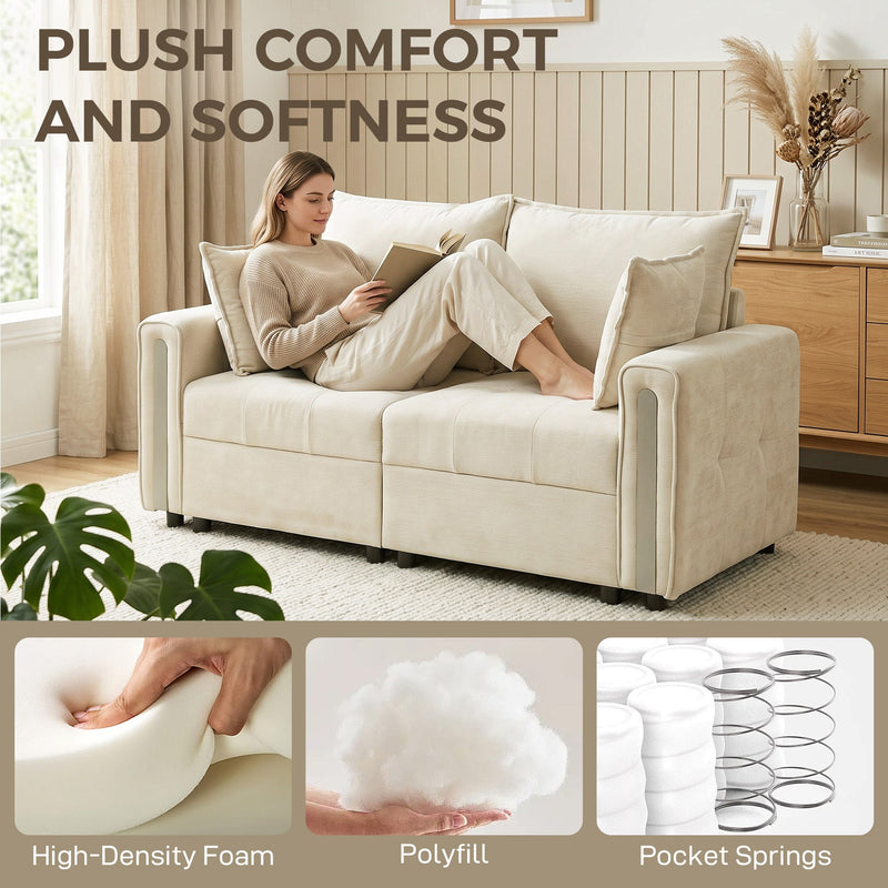 Woman reading on the loveseat, with close-ups of high-density foam, polyfill and pocket springs