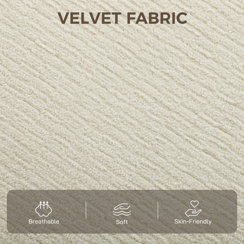 Close-up of the velvet fabric texture with breathable, soft and skin-friendly icons