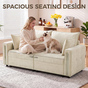 Woman and cat on the sofa, showing the 126 cm seat width