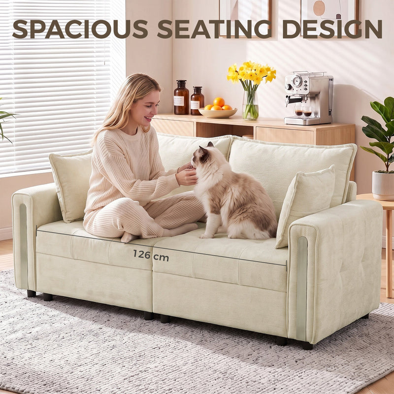Woman and cat on the sofa, showing the 126 cm seat width