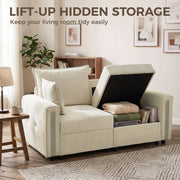One lift-up seat open showing the storage compartment filled with blankets and books