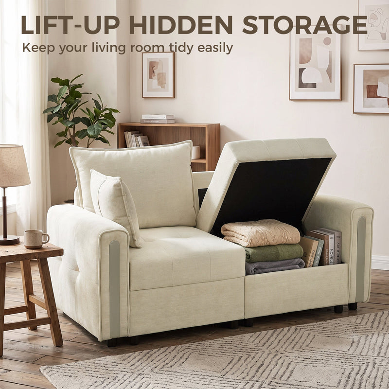 One lift-up seat open showing the storage compartment filled with blankets and books