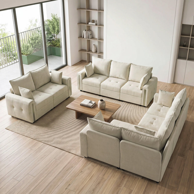 Overhead view of a living room with 2 seater and 3 seater sofas and a corner sofa from the same range