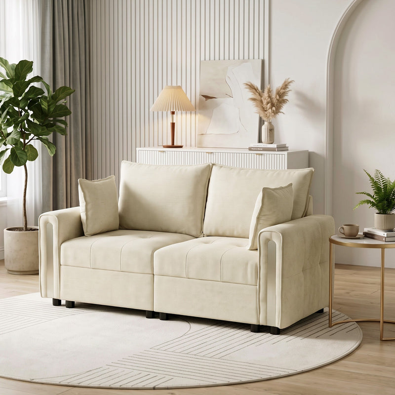 Velvet loveseat in a living room beside a side table and round rug