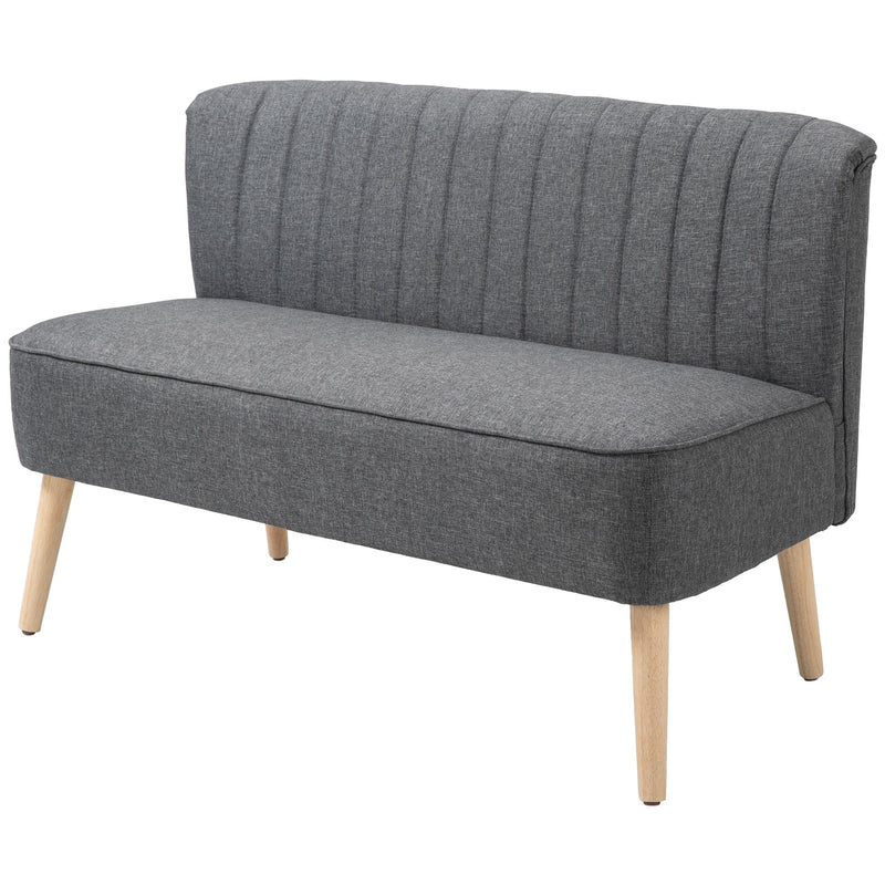 Dark grey channel-tufted 2 seater sofa with wooden legs on a white background