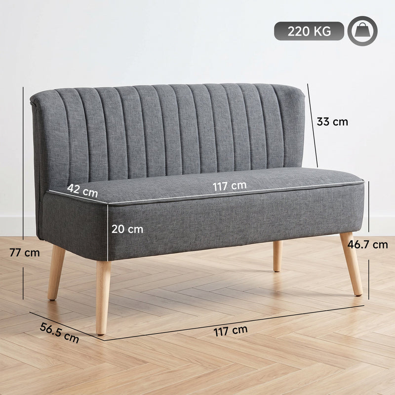 Dimensions diagram of the 2 seater sofa showing 117 cm width, 56.5 cm depth, 77 cm height and a 220 kg load limit
