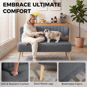 Woman sitting on the sofa with a cat, with insets of the seat cushion, wooden legs and fabric