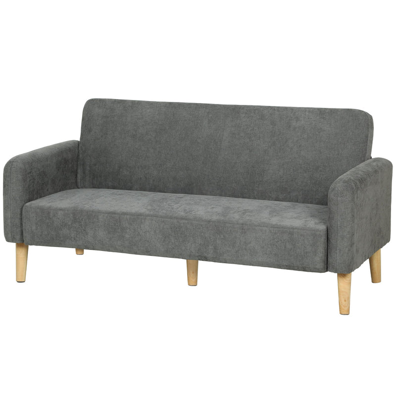 Grey velvet 2 seater sofa with wooden legs, angled studio view