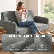 Close-up of the soft velvet-feel fabric texture with comfortable, skin-friendly, breathable icons