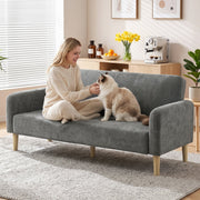 Woman and cat sitting on the grey sofa in a bright living room