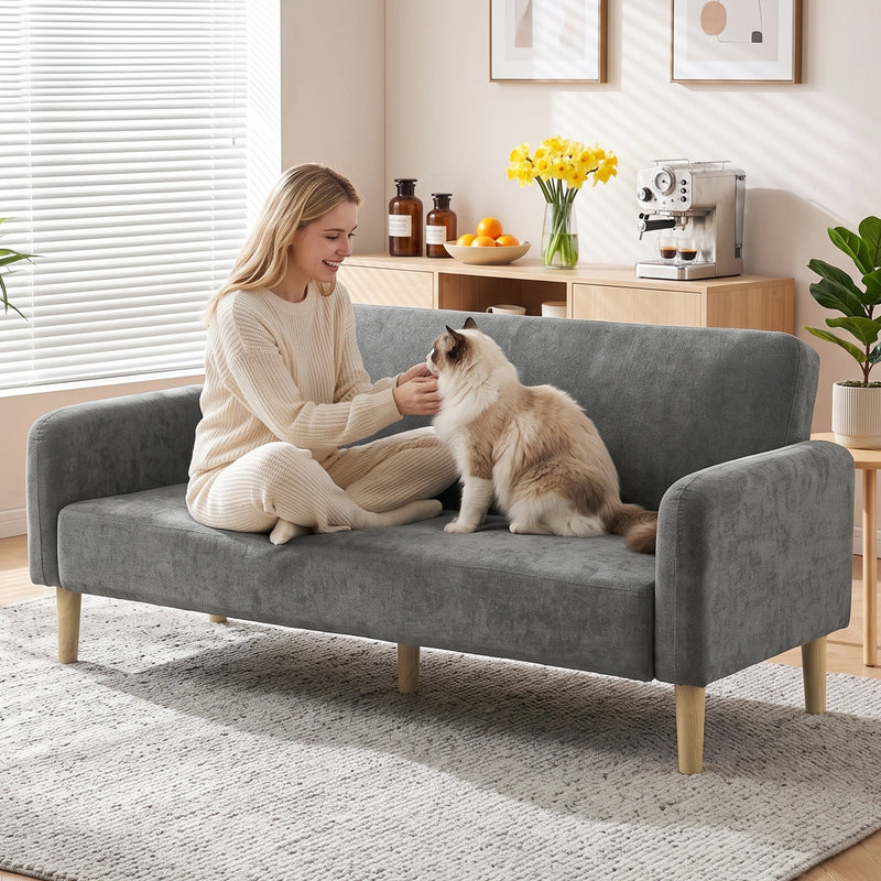 Woman and cat sitting on the grey sofa in a bright living room