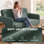 Close-up of the soft, skin-friendly velvet-feel fabric texture on the sofa