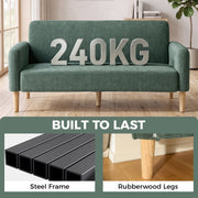Close-up of the sofa's steel frame and rubberwood legs with a 240kg weight capacity callout