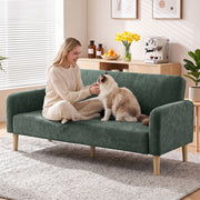 Woman relaxing on the sofa with a cat in a bright living room