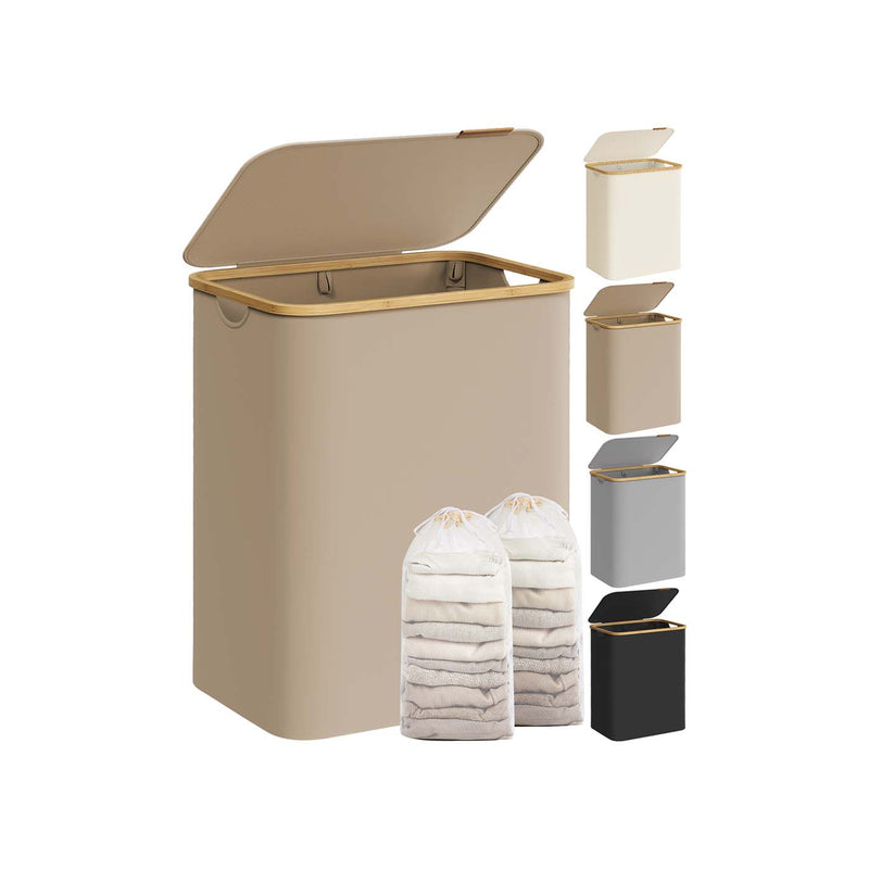 Camel brown 130L laundry basket with lid, two sections