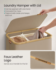 Close-up of the faux leather handle on the basket lid