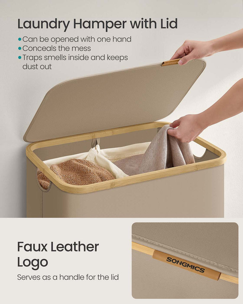 Close-up of the faux leather handle on the basket lid