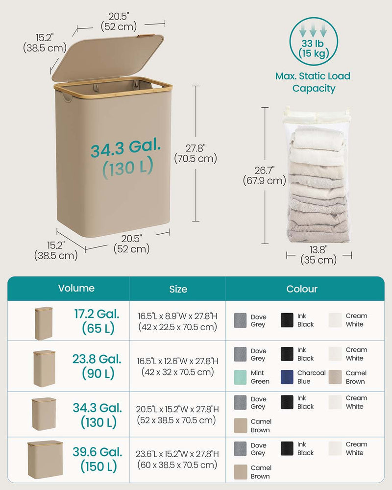 Camel brown laundry basket styled in a bathroom setting