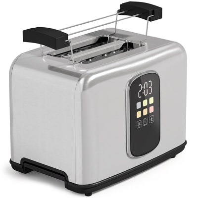 Silver Homcom 2 slice pop-up toaster with LED touch panel and raised warming rack