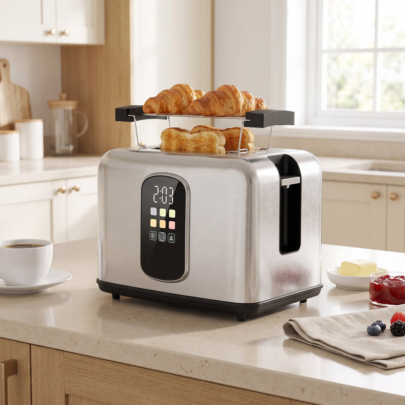 Toaster on a kitchen worktop with croissants warming on the rack beside coffee