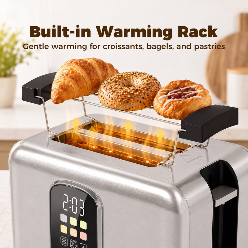 Croissant, bagel and pastry warming on the toaster's built-in rack