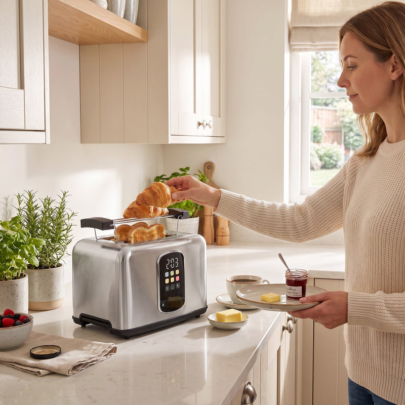 Woman lifting a warmed croissant from the toaster rack beside jam and berries