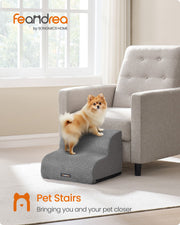 Feandrea Pet Stairs banner showing a small dog climbing the 2-step dog stairs in Dove Grey