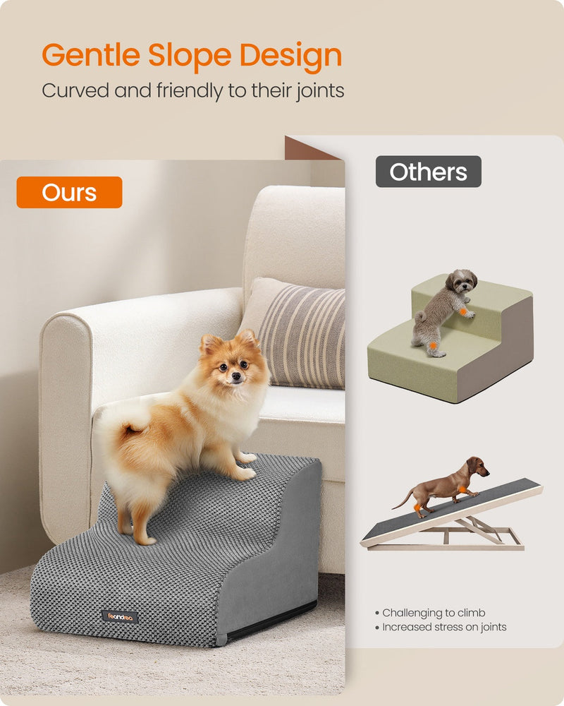 Gentle slope design of the 2-step dog stairs compared with traditional boxy pet steps and a ramp