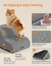 Corduroy anti-slip surface, rubber-dot base and removable washable cover on the 2-step dog stairs