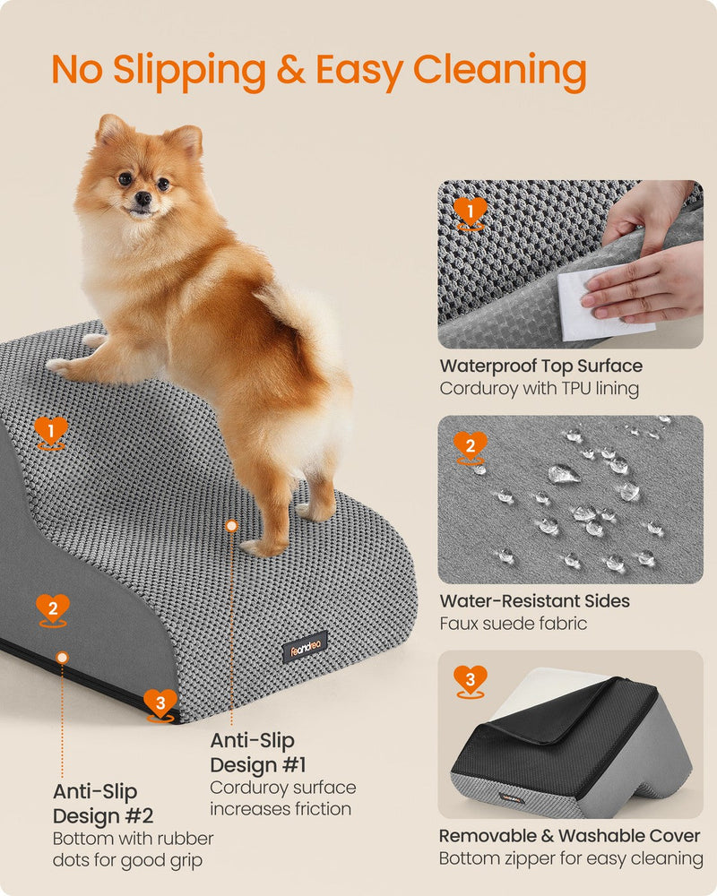 Corduroy anti-slip surface, rubber-dot base and removable washable cover on the 2-step dog stairs