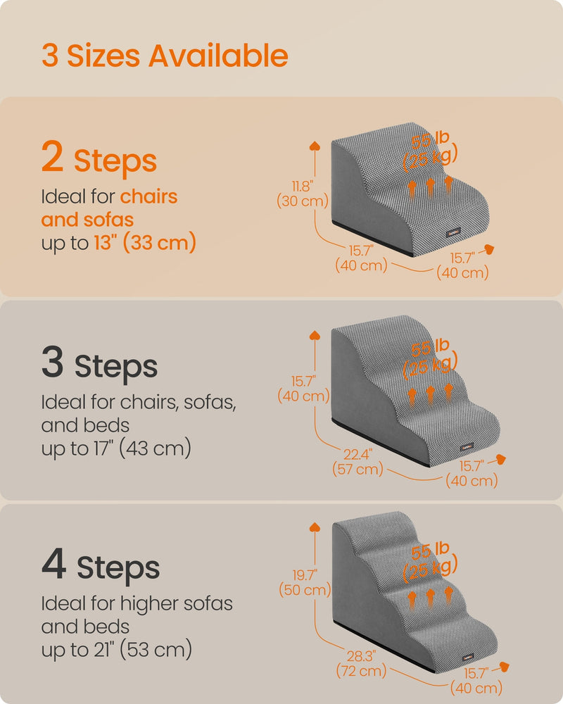 Size comparison chart of Feandrea 2-step, 3-step and 4-step dog stairs dimensions