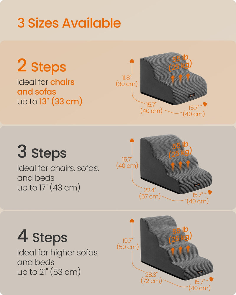 Labelled size chart comparing 2-step, 3-step and 4-step versions with dimensions