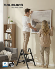 Couple hanging a framed picture with the black 2-step ladder open on a living room floor