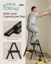 Load rating panel: 150 kg per step, steel tube frame, and a man standing on the 2-step ladder