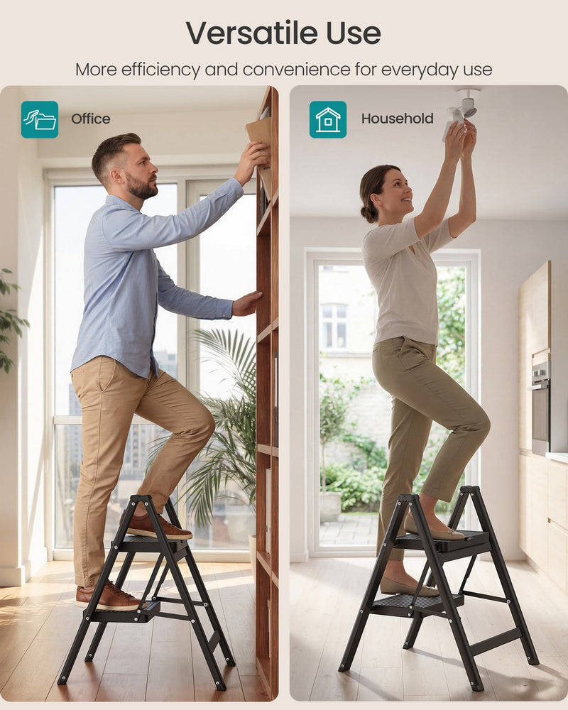 Two use scenes: reaching a tall office bookcase and changing a ceiling light at home