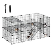 Black 2-storey Songmics wire pet playpen with guinea pigs inside, shown with the included rubber mallet and cable ties