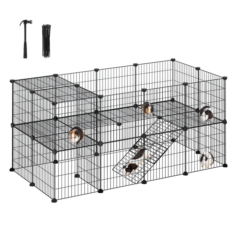 Black 2-storey Songmics wire pet playpen with guinea pigs inside, shown with the included rubber mallet and cable ties