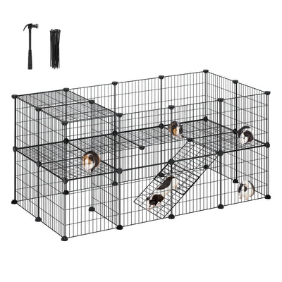 Black 2-storey Songmics wire pet playpen with guinea pigs inside, shown with the included rubber mallet and cable ties