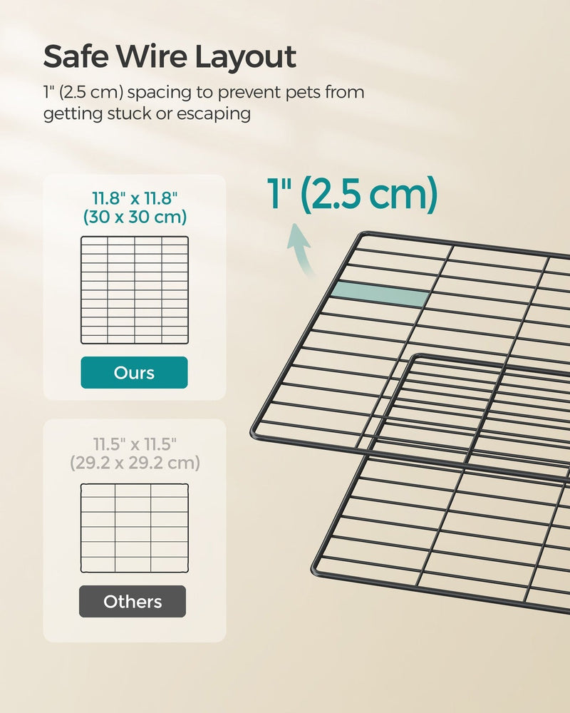 Panel comparison showing the playpen's 30 x 30 cm mesh panel and 2.5 cm wire spacing against a smaller rival panel