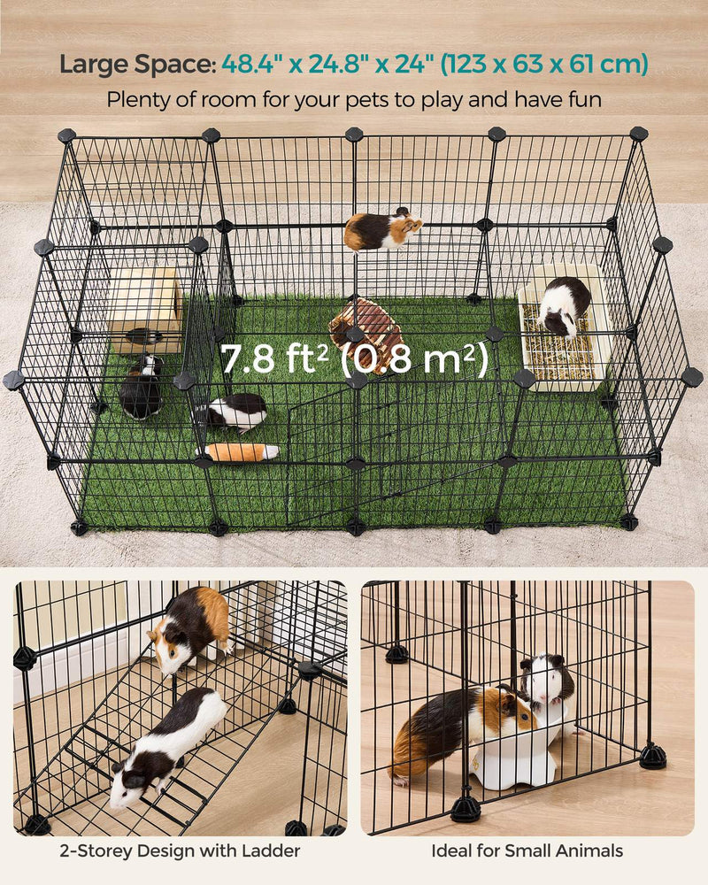Overhead view of the pet playpen on green matting, labelled 123 x 63 x 61 cm with a 0.8 square metre floor area
