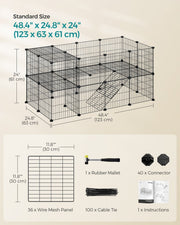 Dimension diagram of the black pet playpen showing 123 cm length, 63 cm depth and 61 cm height, with the parts list