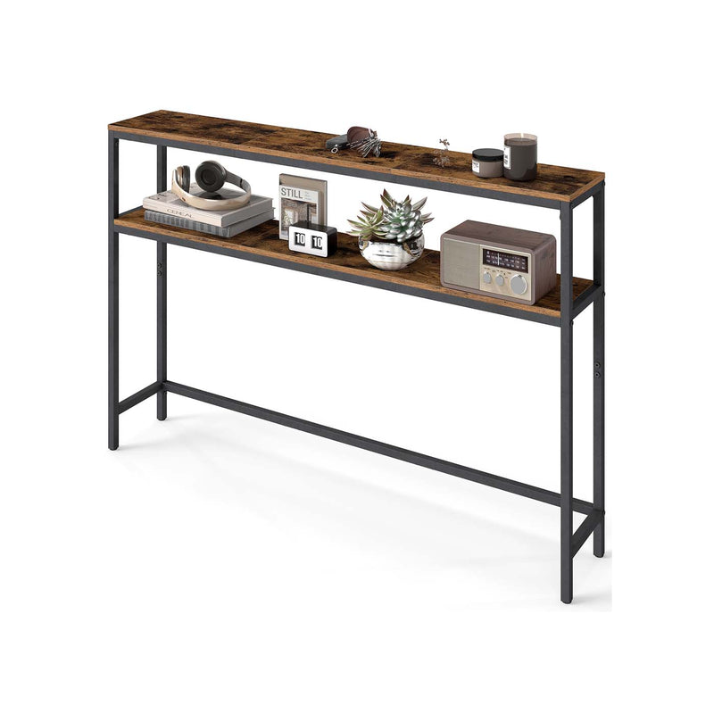 Rustic brown and ink black 2-tier console table styled with books and a radio on a plain background